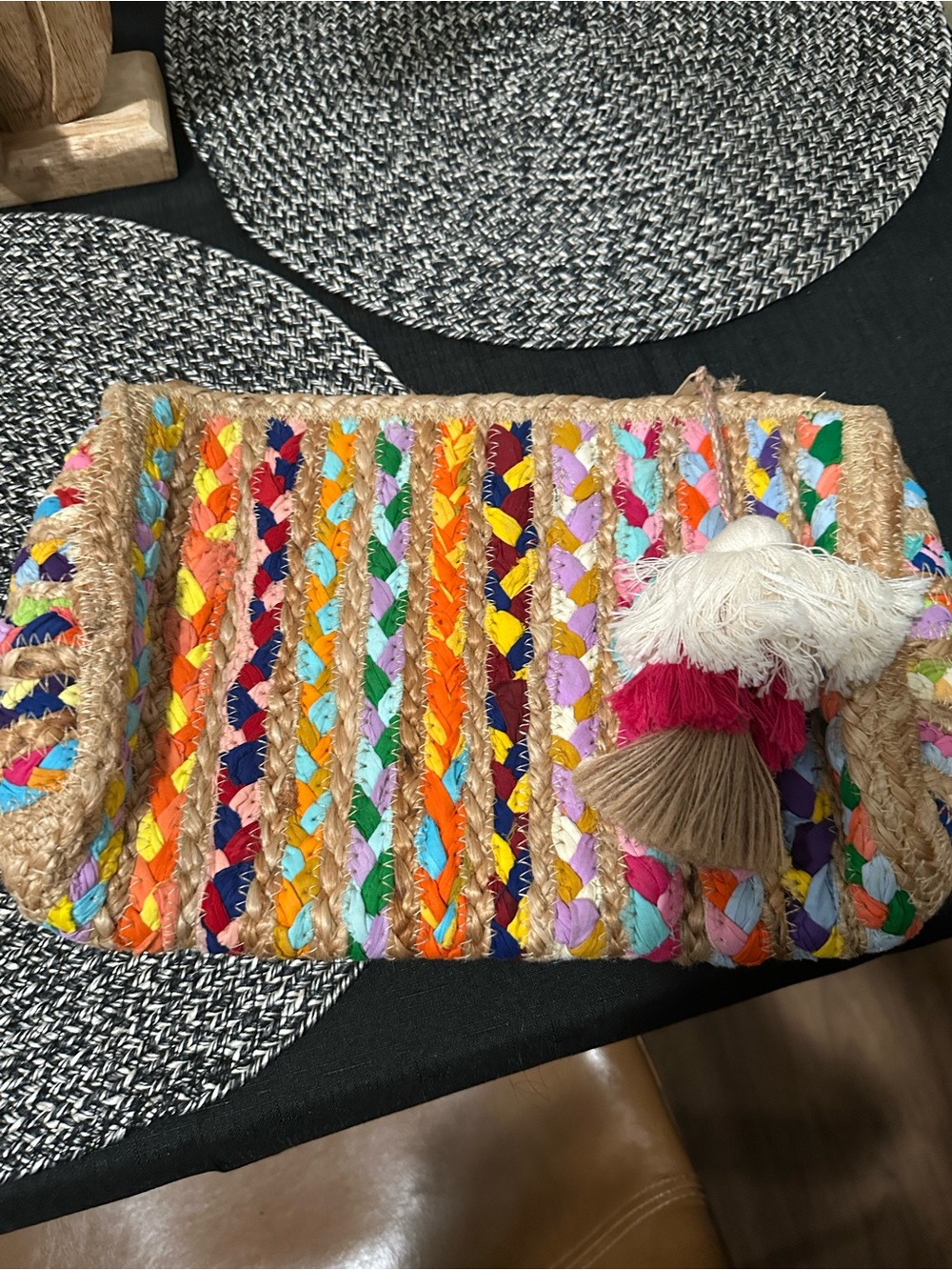 Source Unknown Multicolor Handwoven Straw Clutch with Tassels
